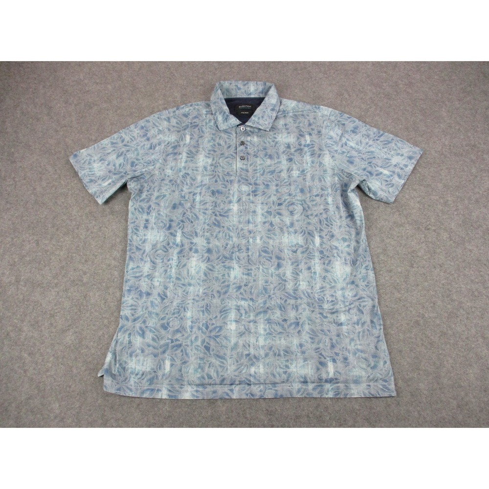 Bugatchi Polo Shirt Mens Large Blue Floral OoohCotton Tech Stretch Casual